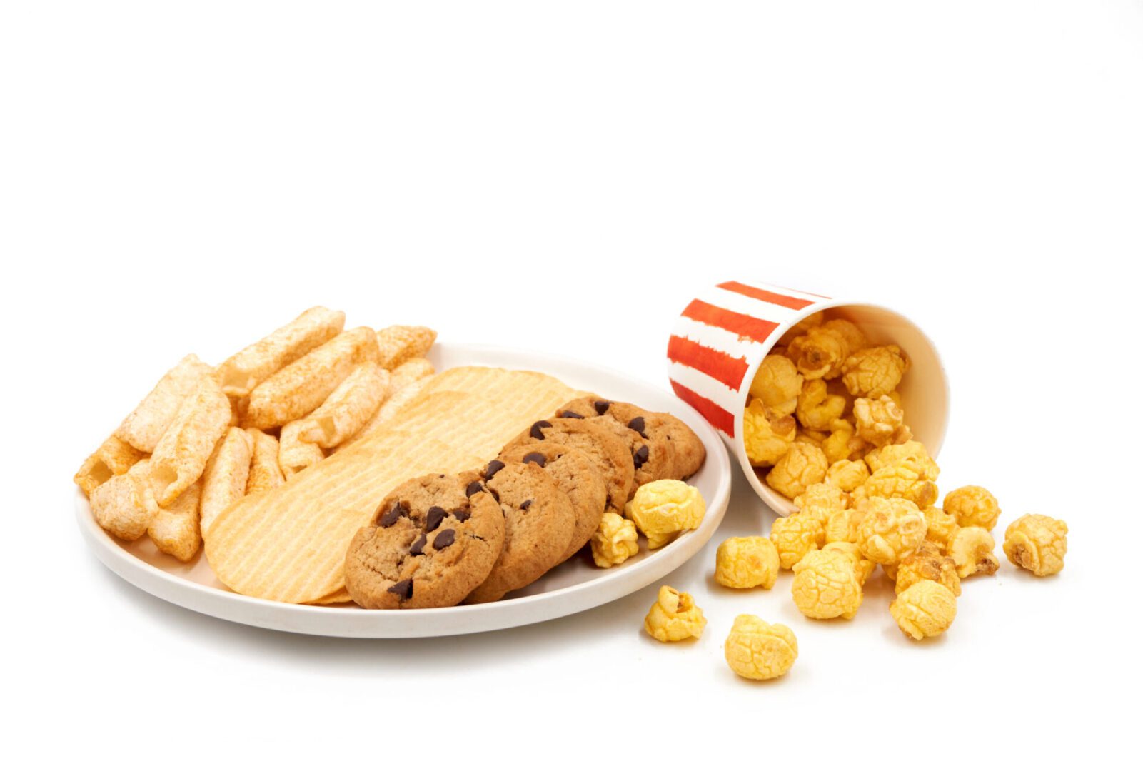 French fries,Popcorn,Potato chips  isolated 

on white background.