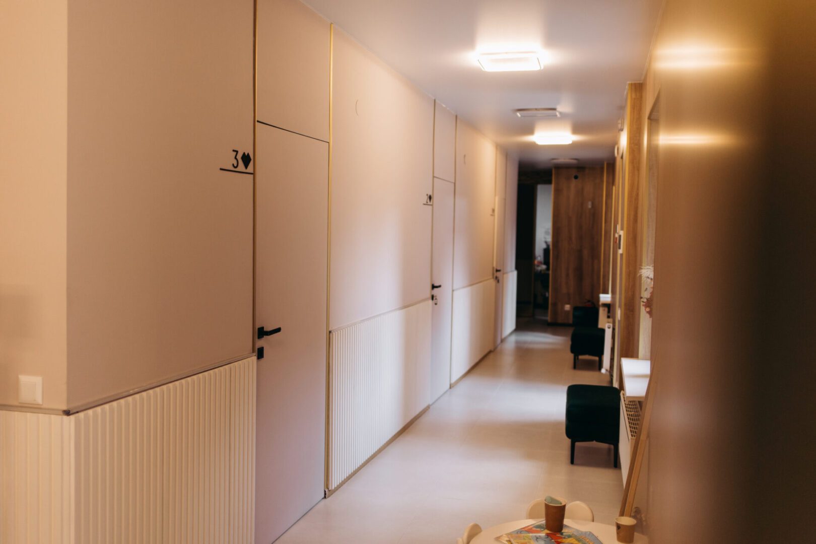 Empty lobby hospital counter and wheelchair for patient healthcare service
