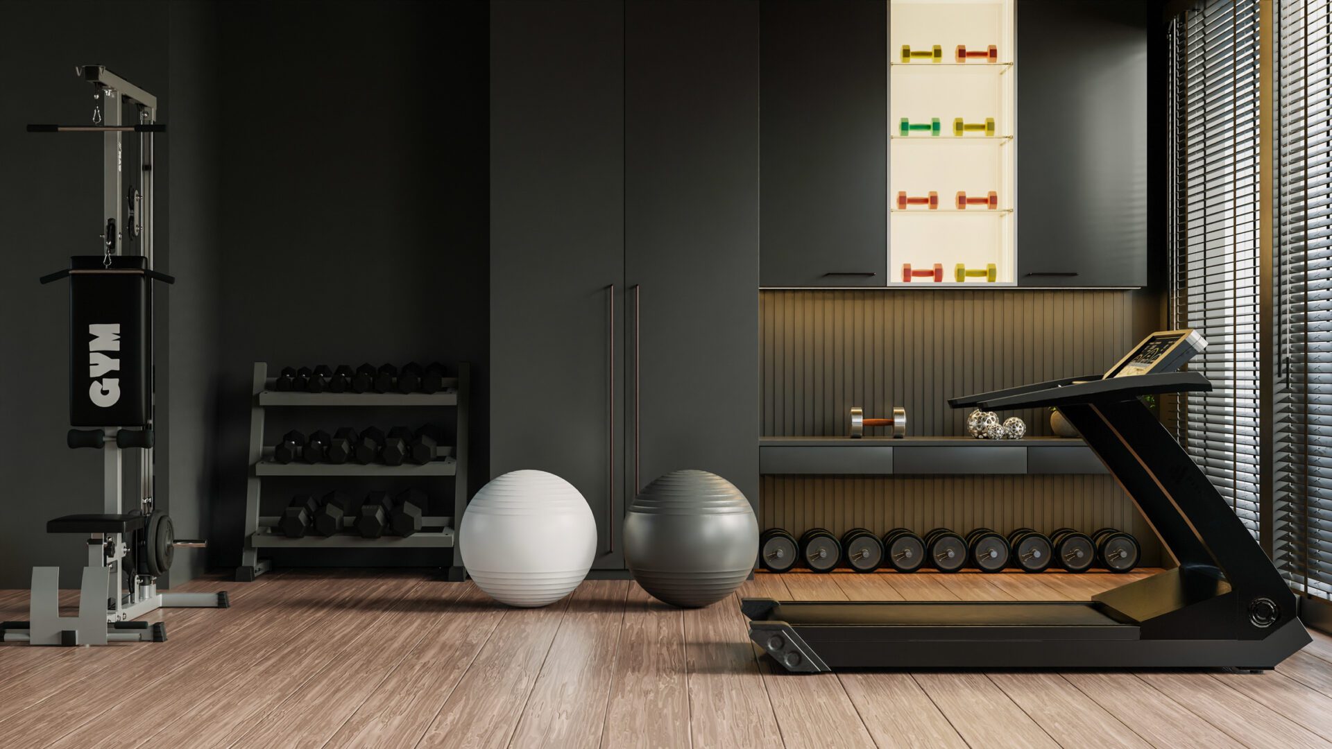 Dark gym interior with sport and fitness equipment on black wall background- 3D rendering