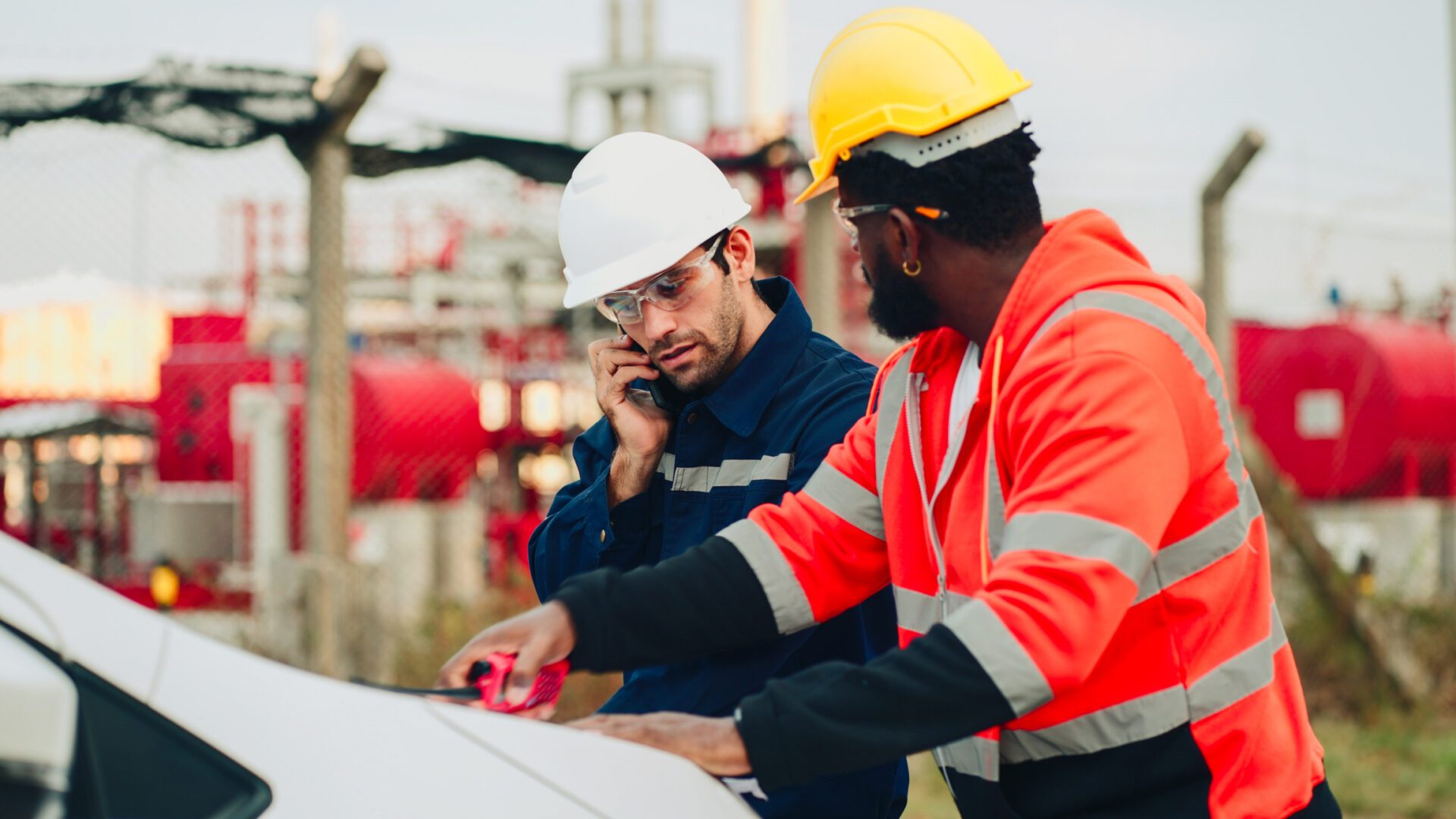 Refinery industry, engineer working on computer laptop at oil and gas refinery plant industry factory.