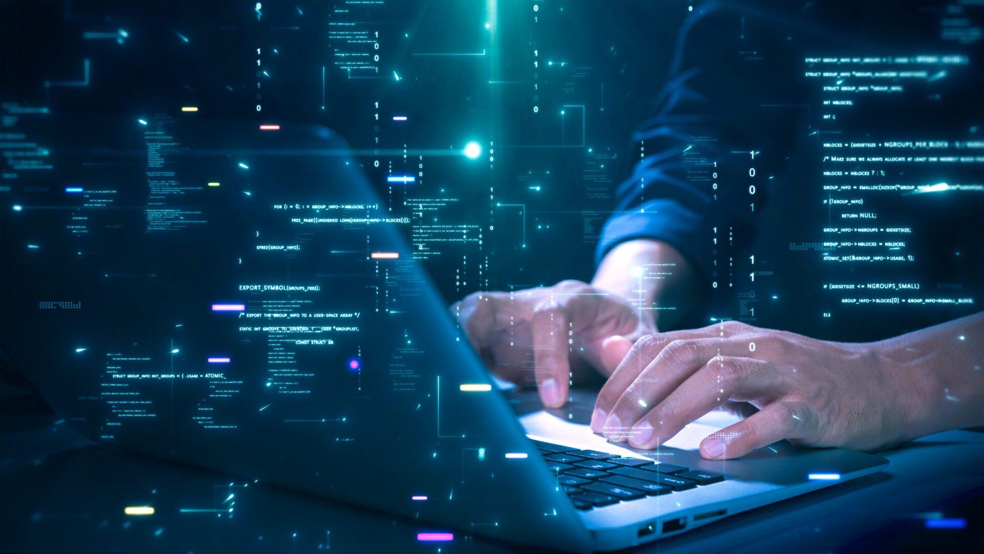 Close-up of hands typing on a laptop with glowing programming code and binary graphics, symbolizing cybersecurity technology coding or software development.