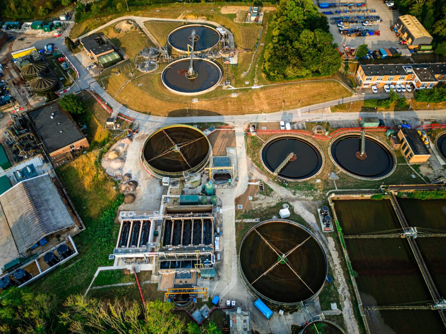 Aerial view, taken by drone, depicting the sewage tanks at a water treatment facility in southeast England.