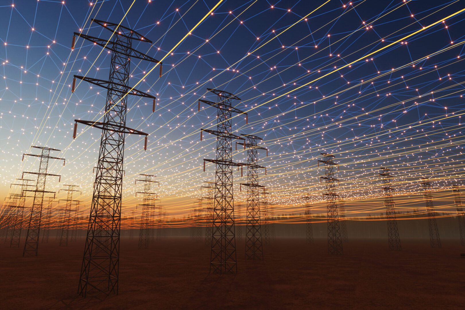 A futuristic visualization of high-voltage transmission towers beneath a digital energy grid. Glowing network lines and light points span across the sky, symbolizing smart grid technology, connectivity, and the modernization of electrical infrastructure at sunset.