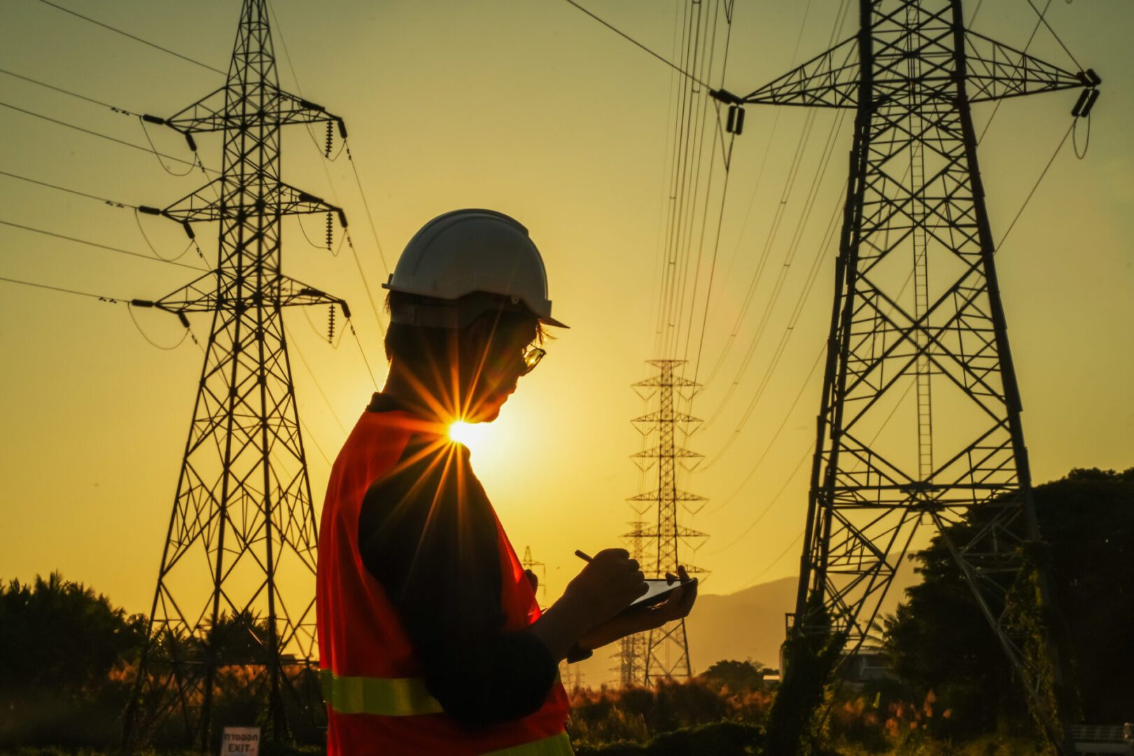 High Voltage Tower and Power Lines with Engineer Silhouette at Golden Hour