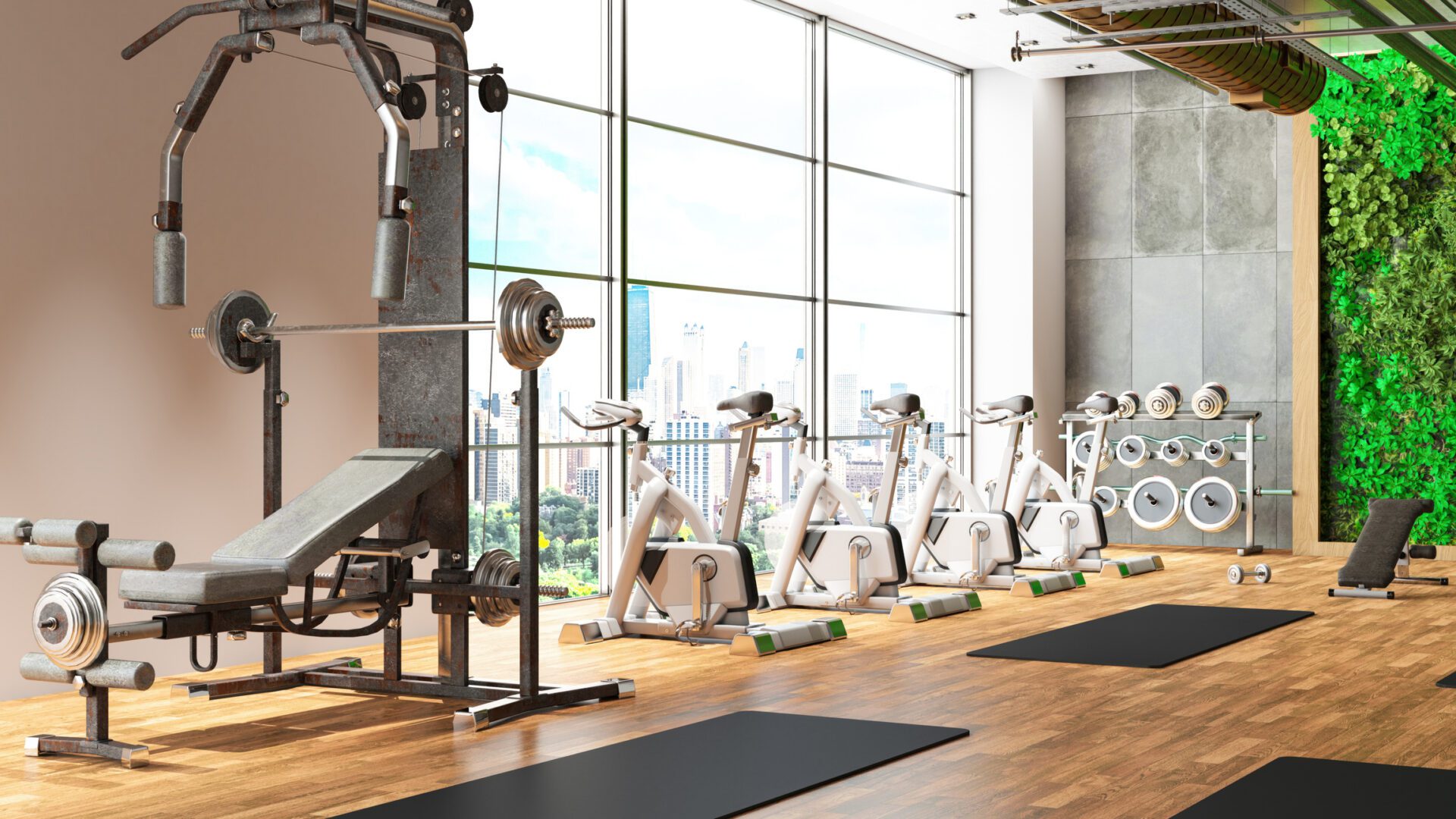 Modern Gym Interior with Exercise Bikes and Weight Lifting Equipment. 3D Render