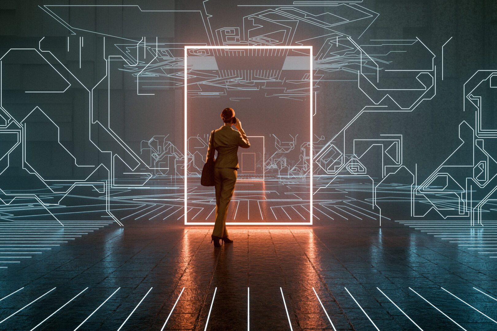 Businesswoman standing in VR environment against digital control checkpoint 3D generated image.