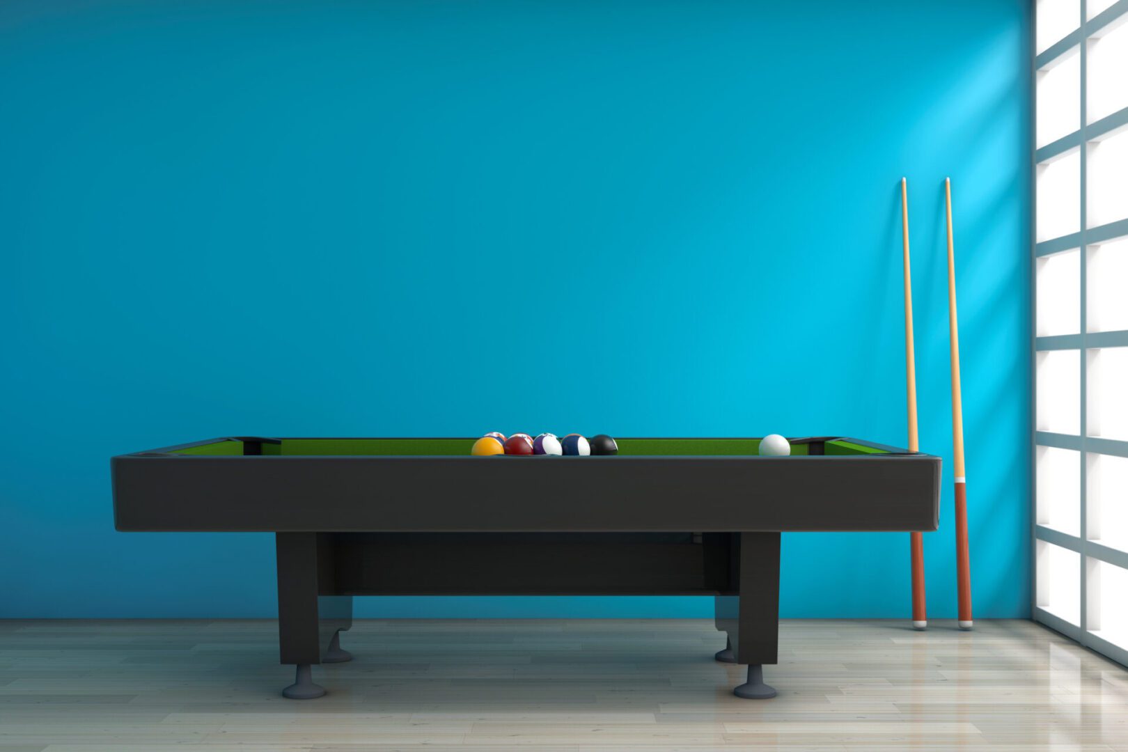 Billiard Table with Balls Set and Cue in front of blue wall. 3d Rendering