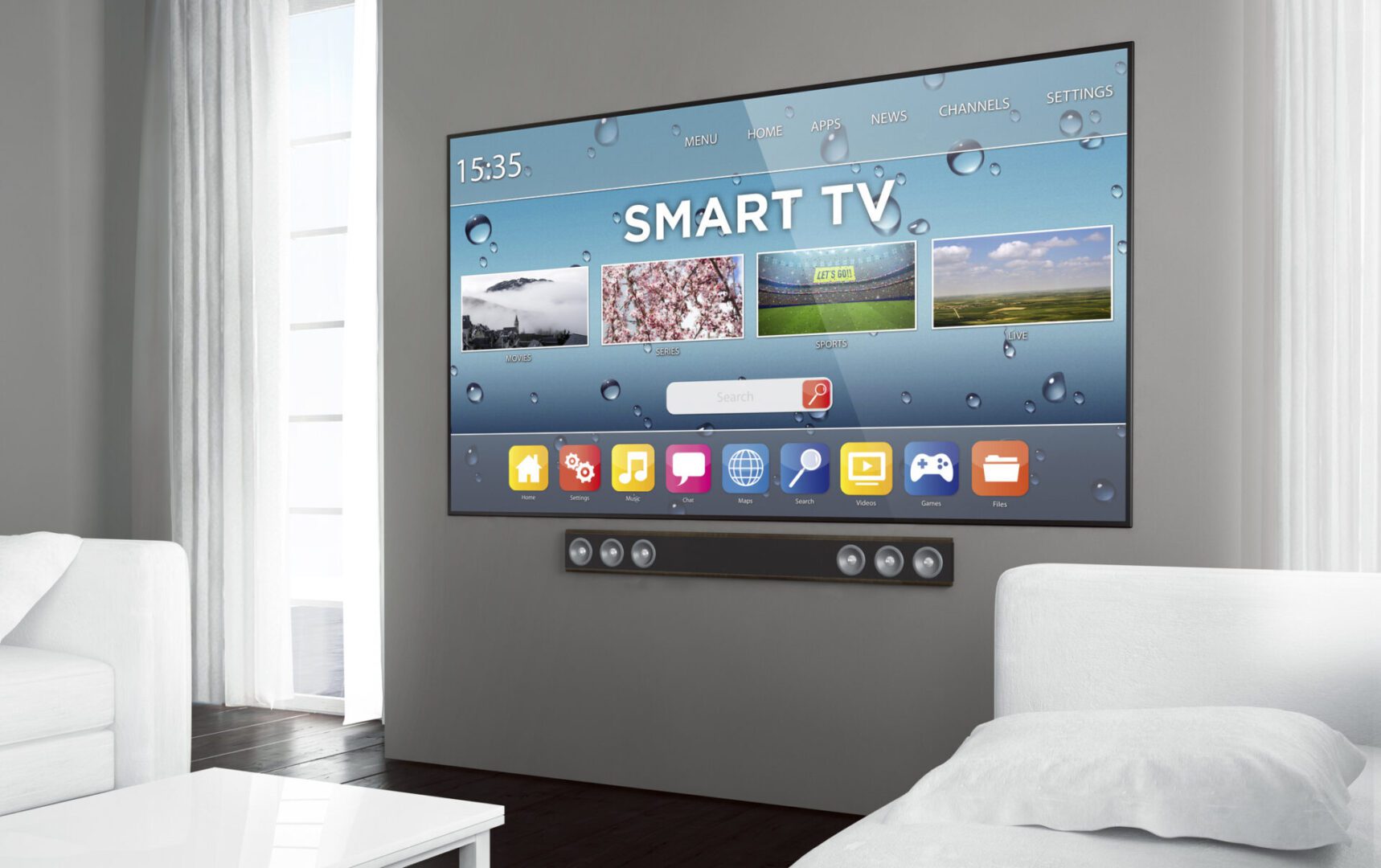 Big screen smart tv at living room. 3d rendering.