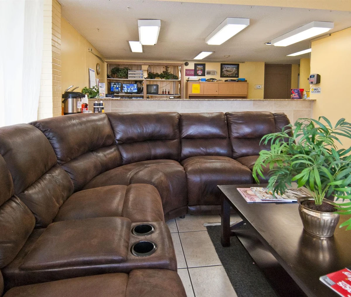 Brown leather sectional in cozy living room